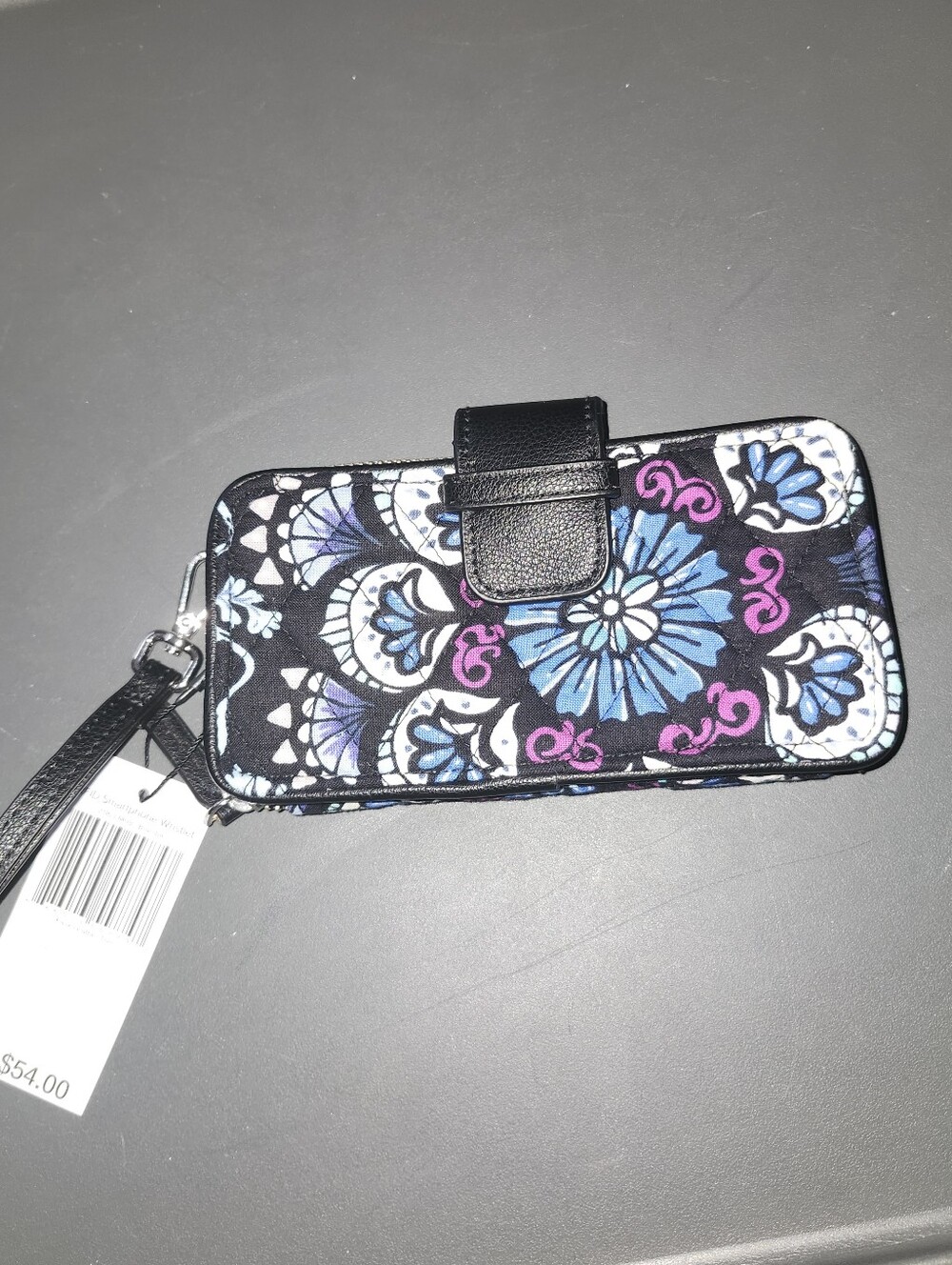 Vera Bradley Black Wristlet RFID with Blue & Purple Floral Design